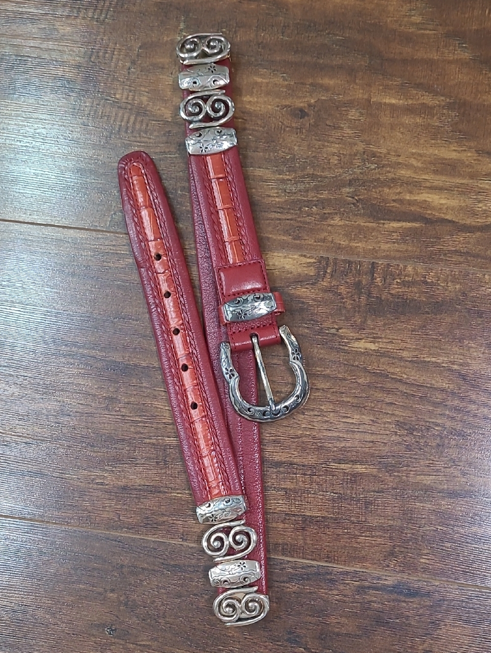 Brighton Red Leather Western Belt with Decorative Silver Accents - Picture 2 of 11